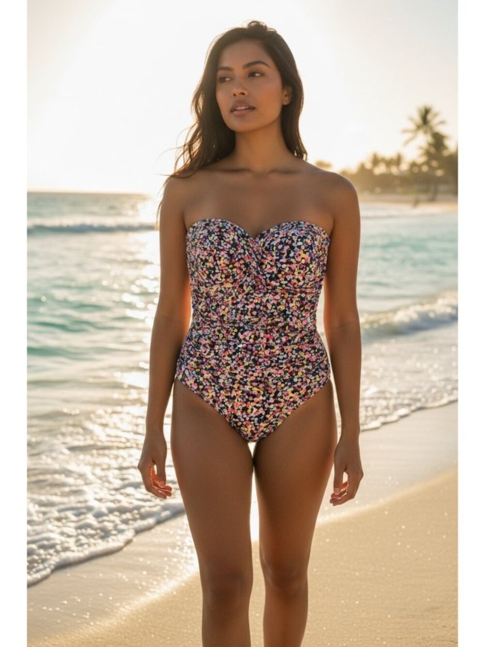 Anne Cole Floral Bandeau Strapless One-Piece Swimsuit Size 16